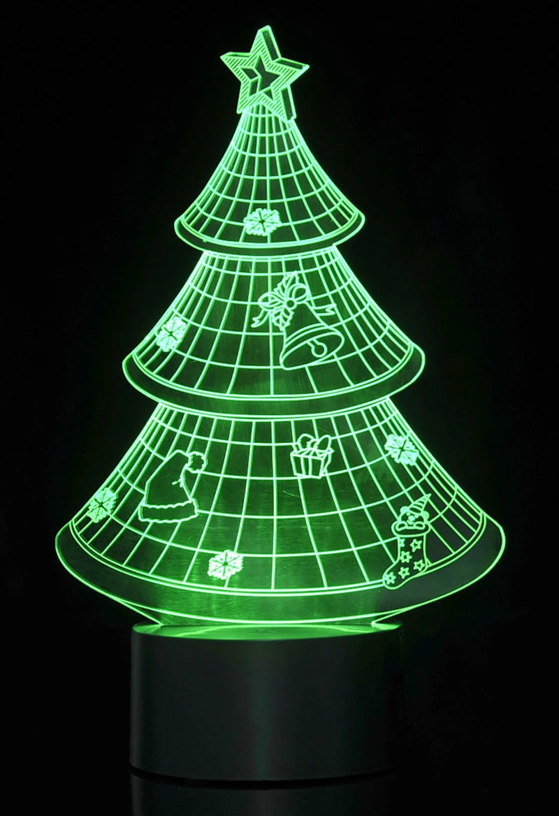 Green illuminated 3D Christmas tree LED light with festive holiday decorations, perfect for seasonal decor