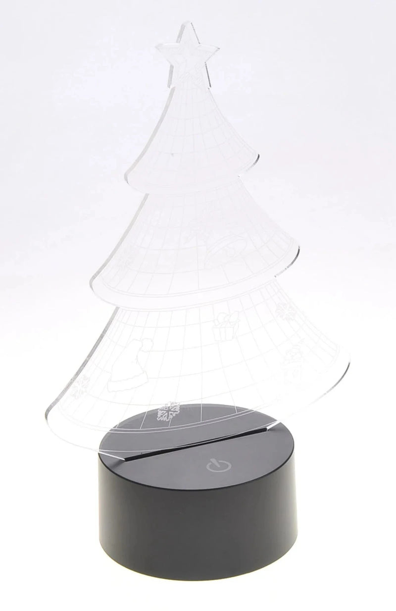 3D Christmas tree LED light in clear acrylic design, powered off, showcasing intricate holiday decorations