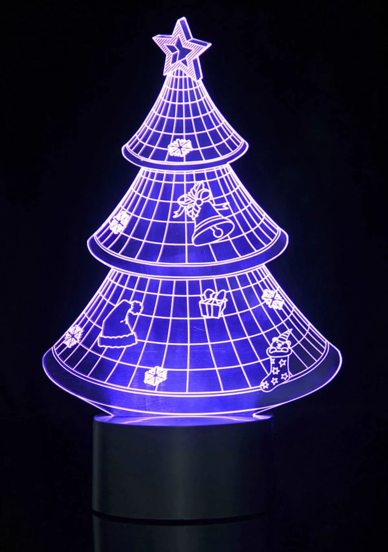 "Purple illuminated 3D Christmas tree LED light with beautiful holiday-themed details, perfect for festive decor