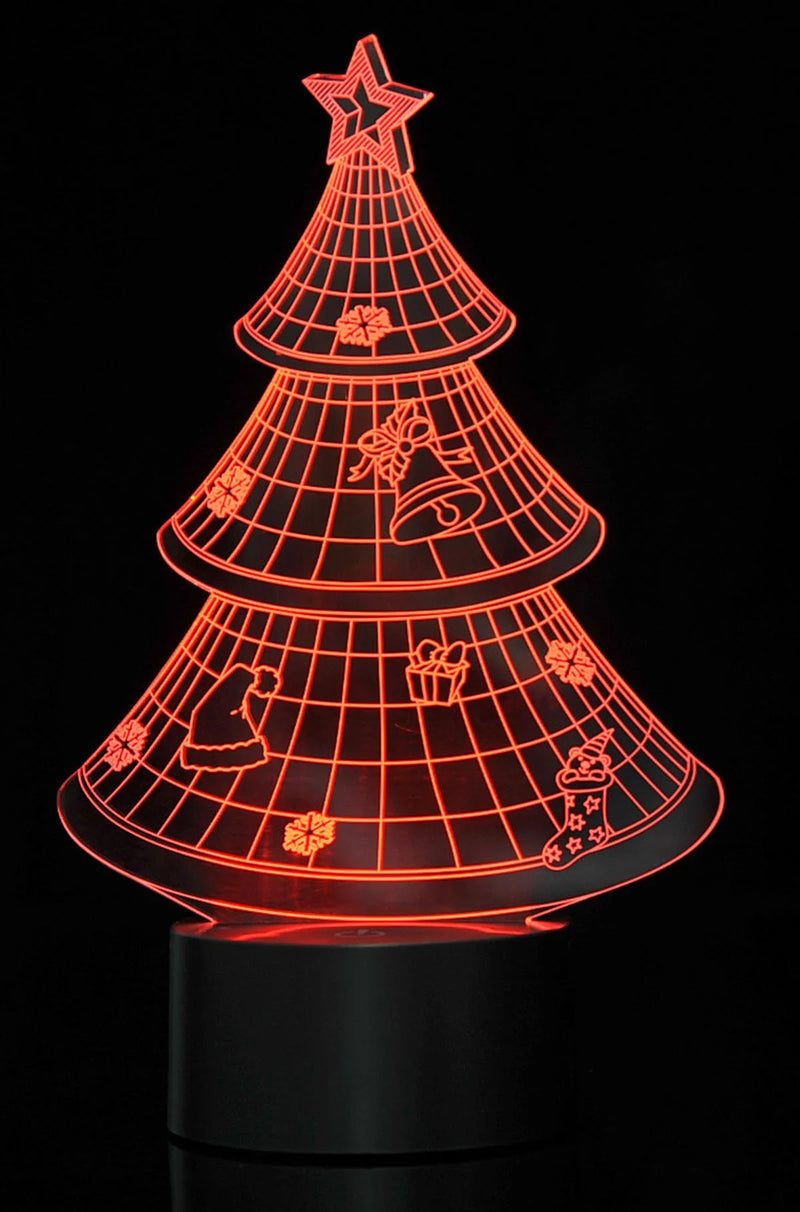 Red glowing 3D Christmas tree LED light with intricate holiday details, perfect for Christmas decorations."

