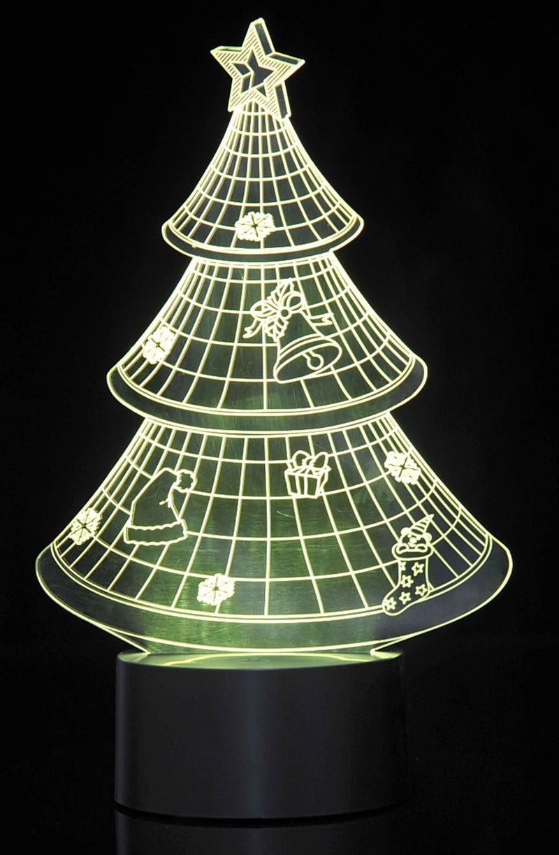 Yellow glowing 3D Christmas tree LED light, designed for festive decor, featuring holiday symbols like bells and gifts.
