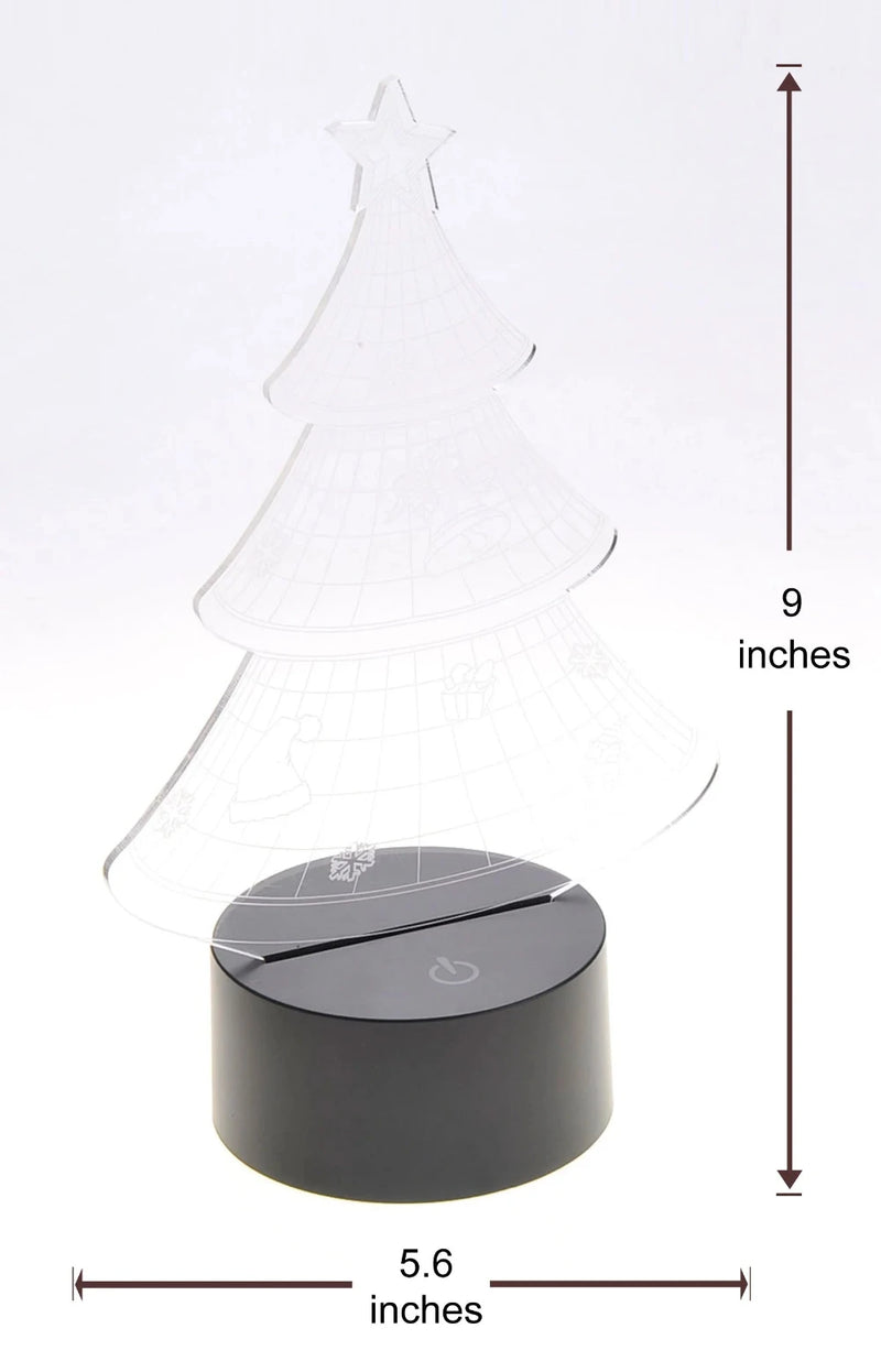 Dimensions of the 3D Christmas tree LED light, showing a height of 9 inches and base diameter of 5.6 inches