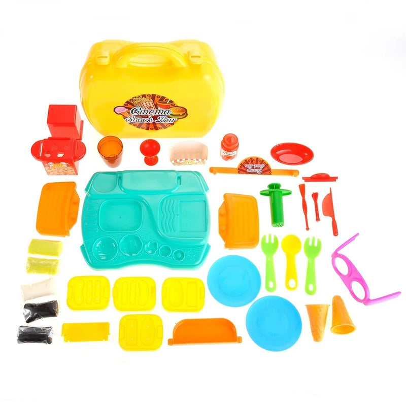 Complete set of Cinema Snack Bar Playset with colorful utensils, play food, and carry case for kids.