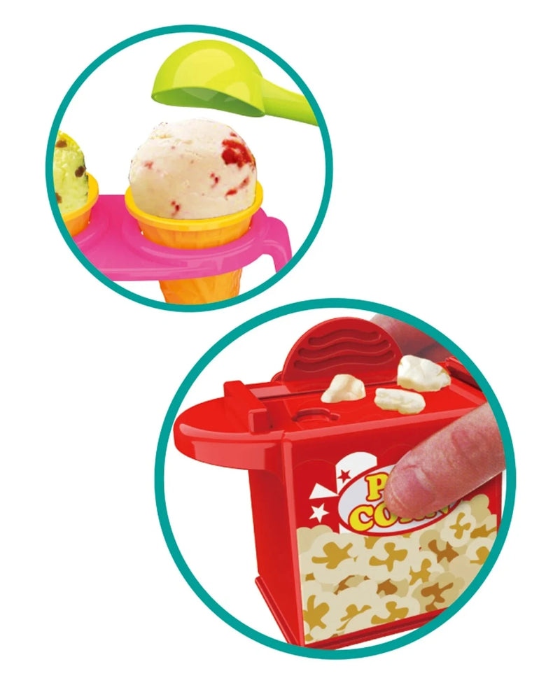 Close-up of ice cream and popcorn details in the Cinema Snack Bar Playset for kids