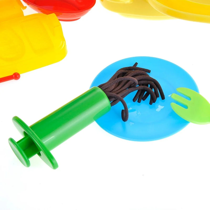 Noodles made with Cinema Snack Bar Playset noodle tool, displayed on a plate with a toy fork