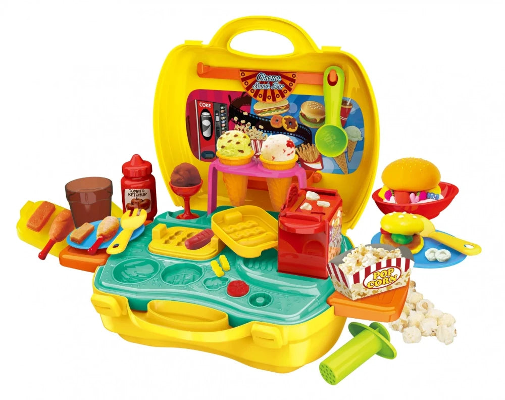 Complete Cinema Snack Bar toy setup with pretend popcorn, ketchup, ice cream, and other snack accessories for imaginative fun.