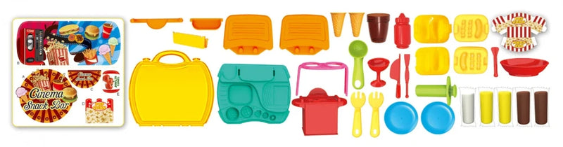 Cinema Snack Bar toy playset with colorful accessories including plates, utensils, molds, and pretend snacks for creative play