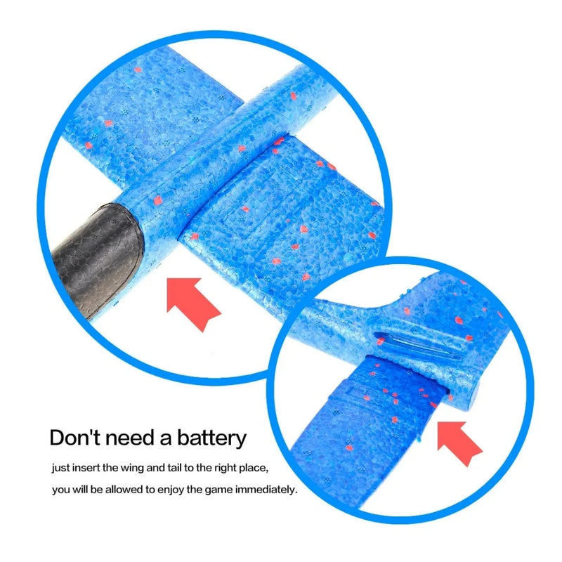 Close-up of airplane toy showing easy assembly of wings and tail, no battery required.