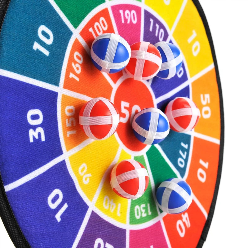 Close-up view of sticky balls on dart board, showing scoring areas for engaging play.