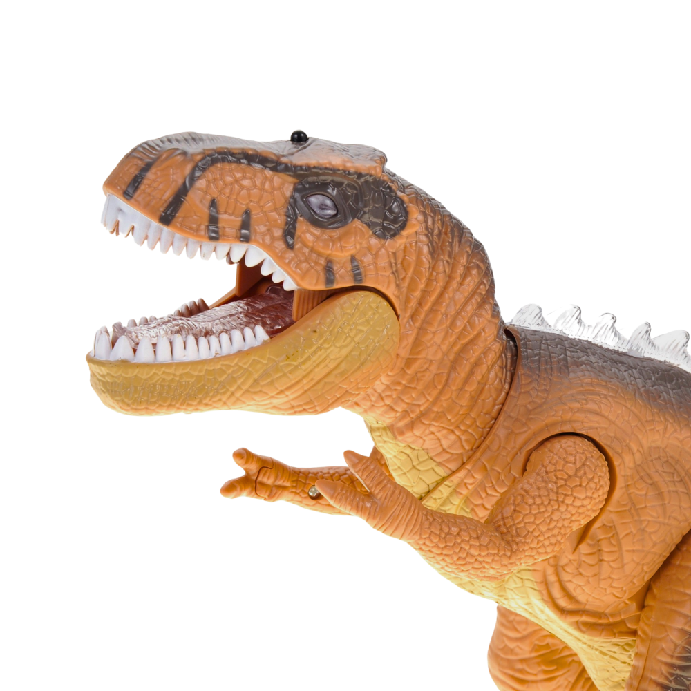 Close-up of a dinosaur toy head showing sharp teeth, detailed textures, and realistic design features.
