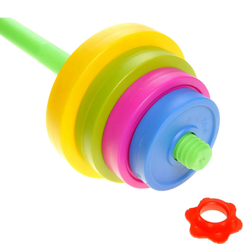 Close-up of the colorful weight plates on the kids’ barbell toy