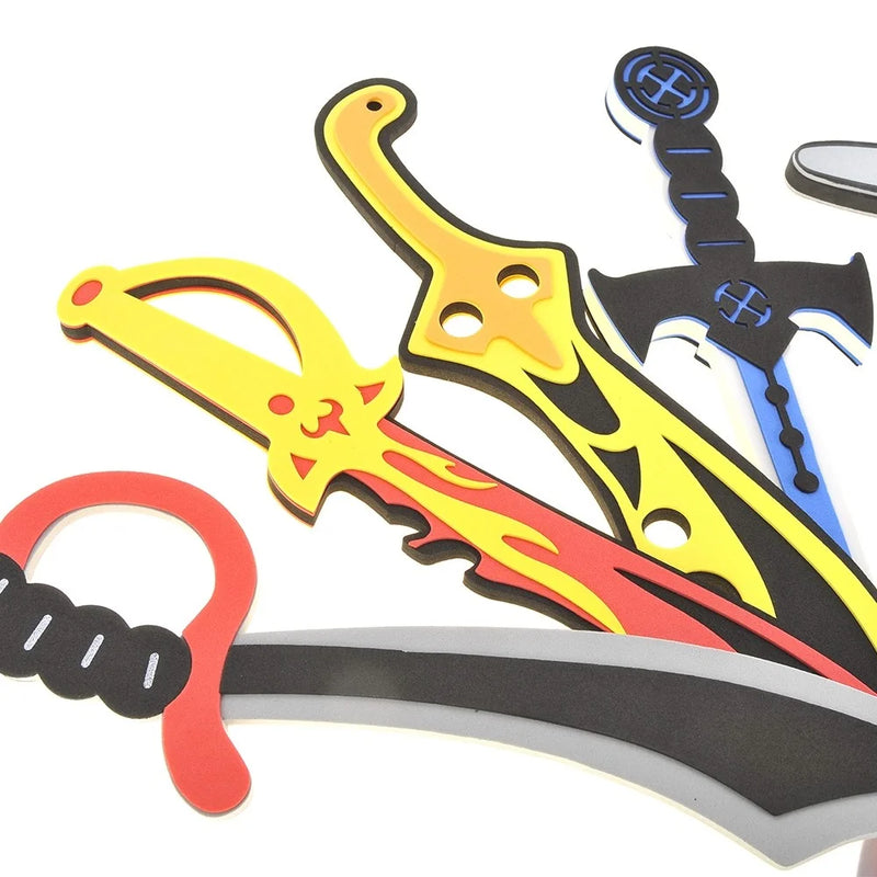 Close-up of toy swords from a sword and shield playset, featuring safe foam material and colorful designs for kids.