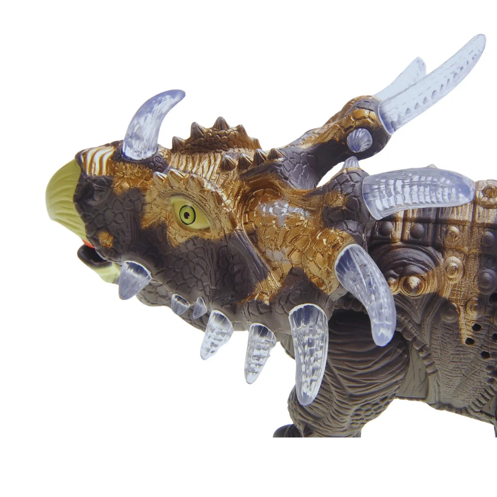 Close-up view of Triceratops dinosaur toy highlighting detailed textures and LED lights