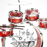 Close-up of toddler drum set with drumsticks and red drum bodies, ideal for children's first drumming experience