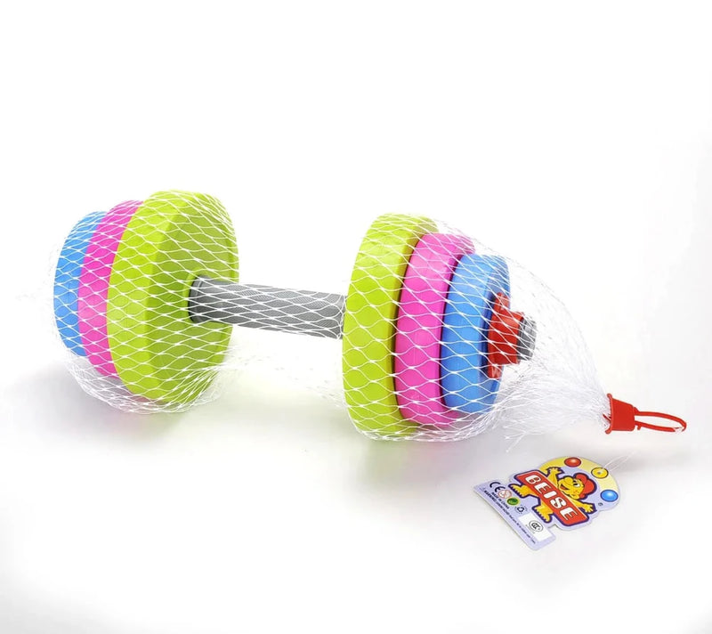 Colorful plastic dumbbell toy for kids with vibrant weights in net packaging, perfect for pretend play and fitness fun