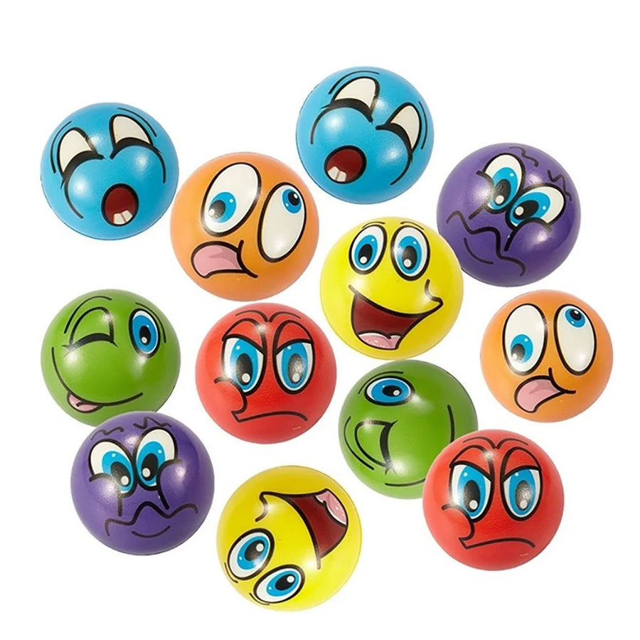 Colorful emoji stress balls with assorted happy, silly, and angry faces for a playful stress-relief experience