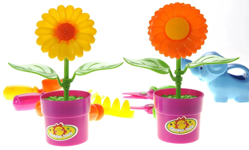 Brightly colored flower pots with sunflowers in kids gardening toy set