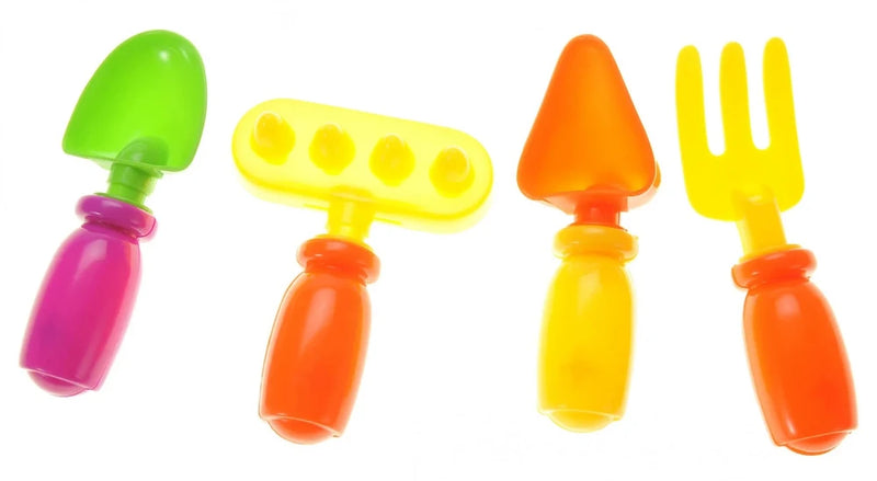 Colorful kids hand tools for gardening including a rake, fork, shovel, and trowel, designed for children’s gardening activities