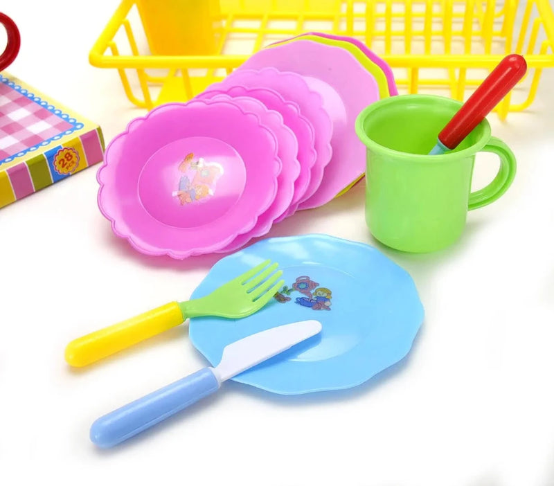 Colorful kids' tableware set including plates, cups, and cutlery, ideal for pretend kitchen play