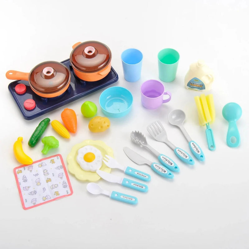 Colorful kitchen accessories including cups, pots, and vegetables for pretend play kitchen set