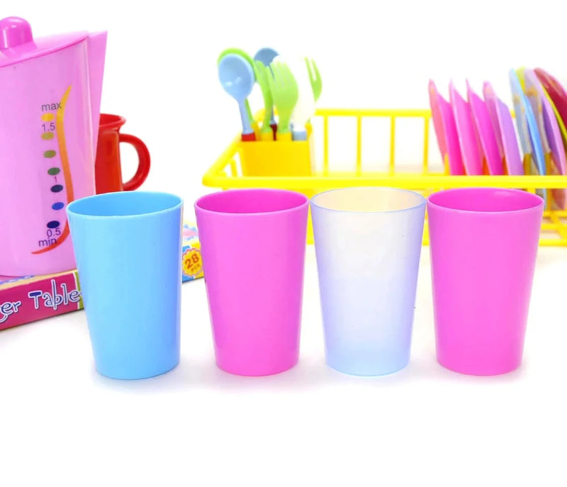 Set of colorful play cups in pink, blue, and translucent, ideal for kids' tea parties.