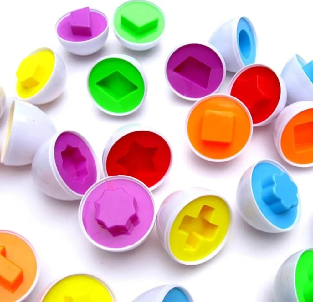 Colorful shape-matching eggs toy featuring bright geometric shapes for educational play.