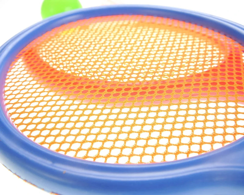 Close-up view of the net on a colorful toy racket for kids