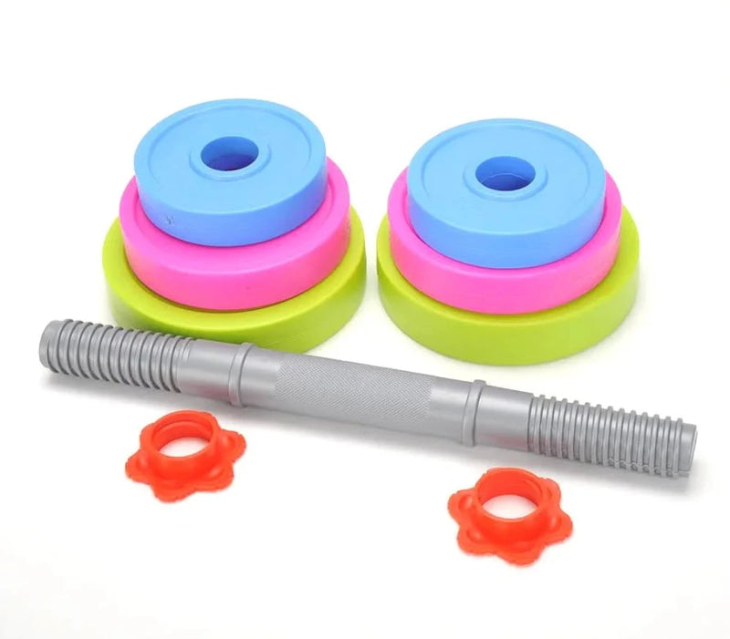 Vibrant weight-lifting toy dumbbell with a sturdy design, crafted for safe, engaging pretend play and early fitness awareness