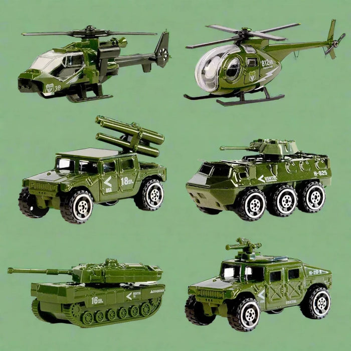 Complete military toy set with helicopters, Humvees, tanks, and armored vehicles for pretend play