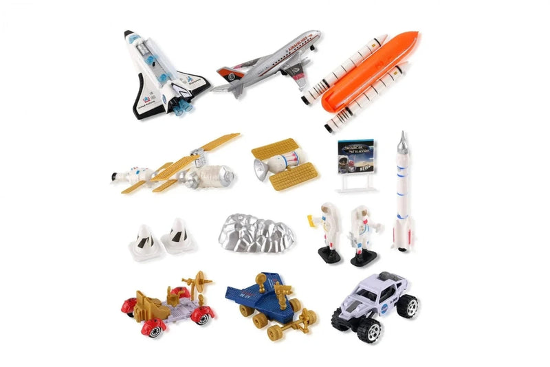 Complete space shuttle toy set with rocket, satellite, and astronauts for imaginative space exploration