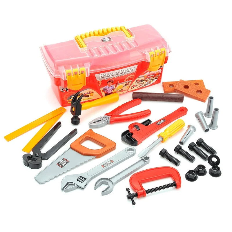 Complete kids’ tool box playset with a variety of toy tools including hammer, saw, and pliers, perfect for little handymen