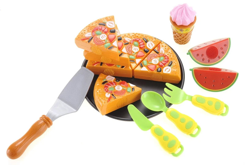 Complete toy food cutting set with pizza, watermelon, ice cream, and utensils, ideal for kids' kitchen play.