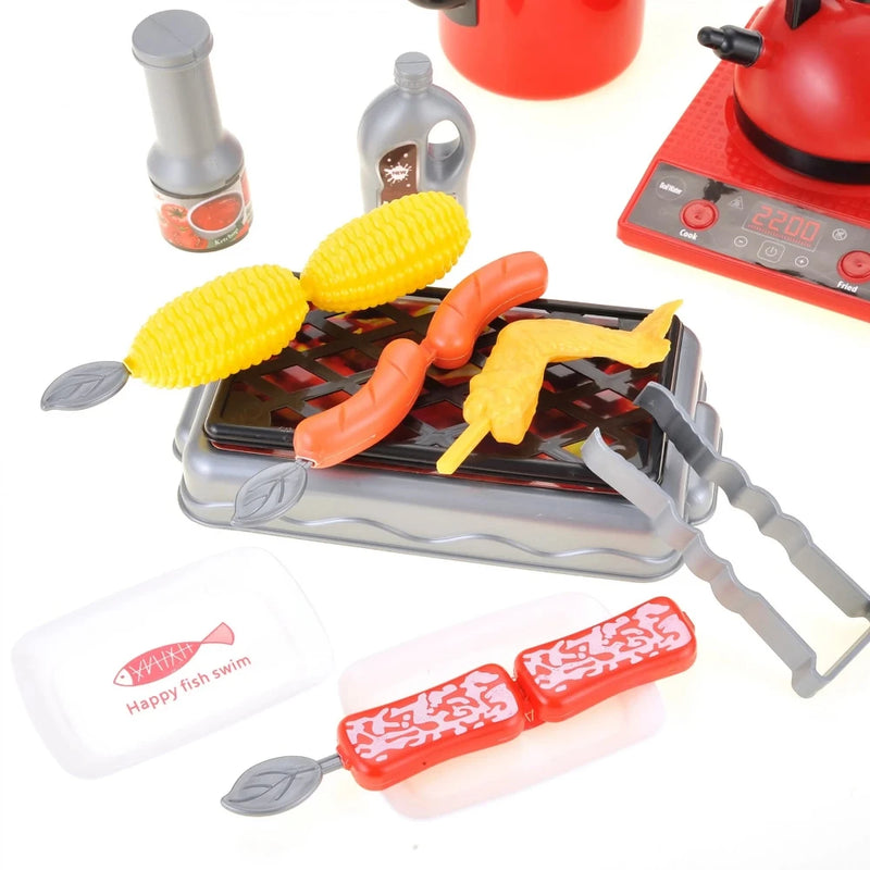 Complete toy kitchen set with various cooking accessories, including kettle, pot, and frying pan