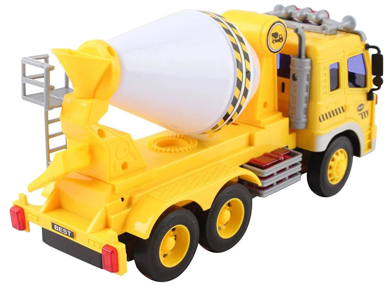 Back view of the toy concrete mixer truck showcasing the mixer spout and realistic construction details.