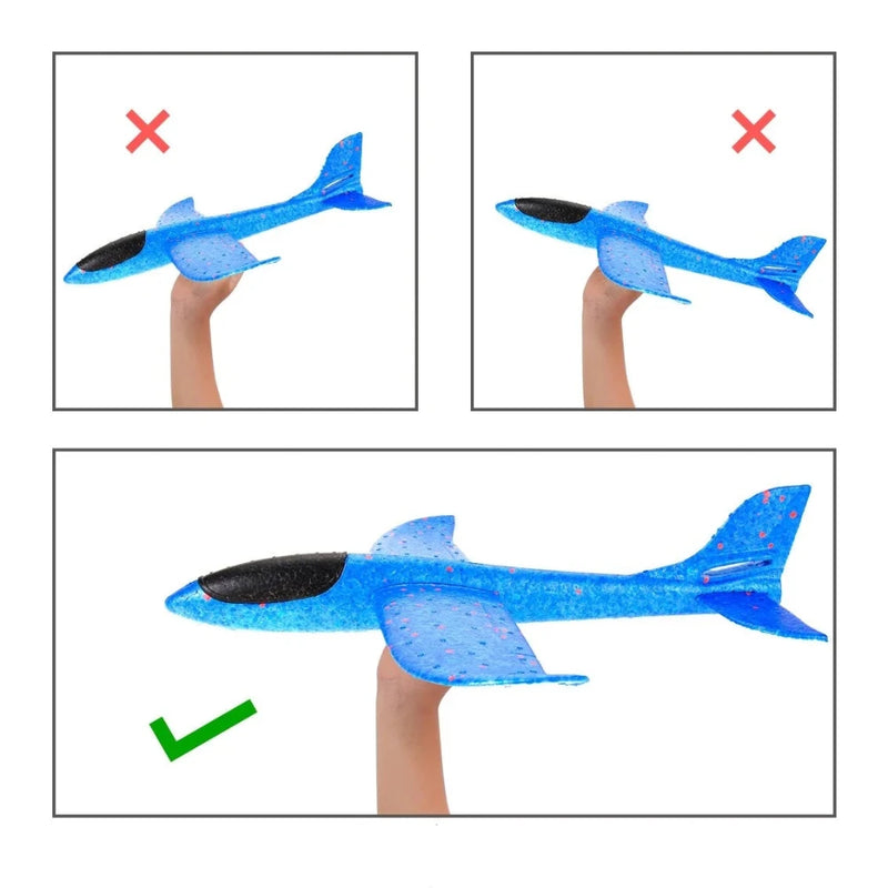 "Illustration showing the correct way to hold and position the airplane toy for optimal play.
