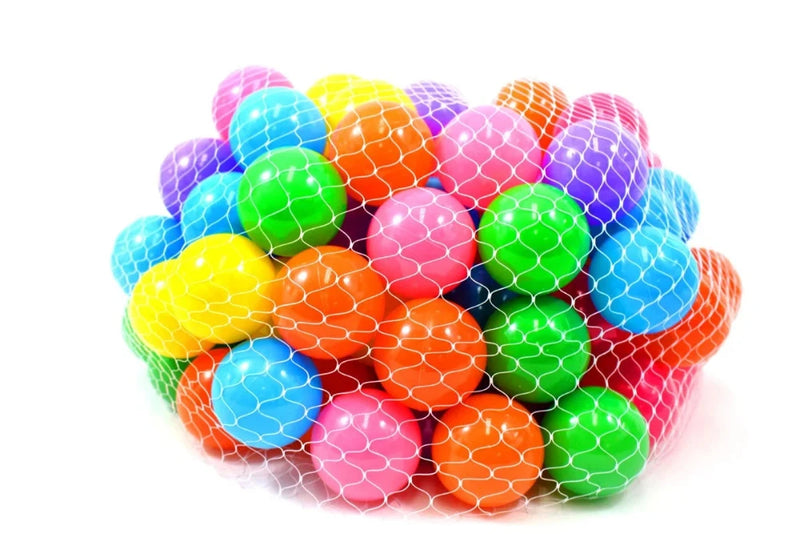 A net bag filled with colorful crush proof ball pit balls, perfect for bulk purchases and durable for pets and kids.