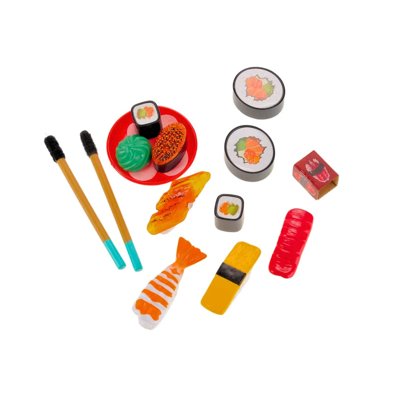 Cutting toy food play set with sushi pieces and chopsticks, perfect for pretend play and bento box experience