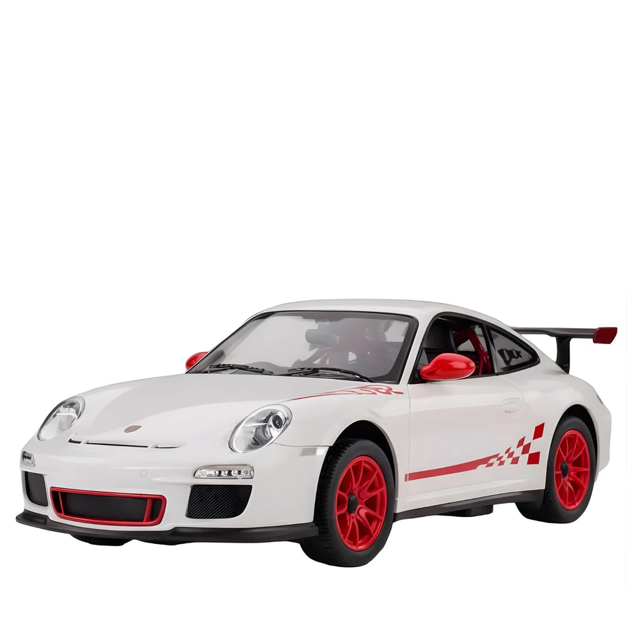White sports car model with red accents on a white background