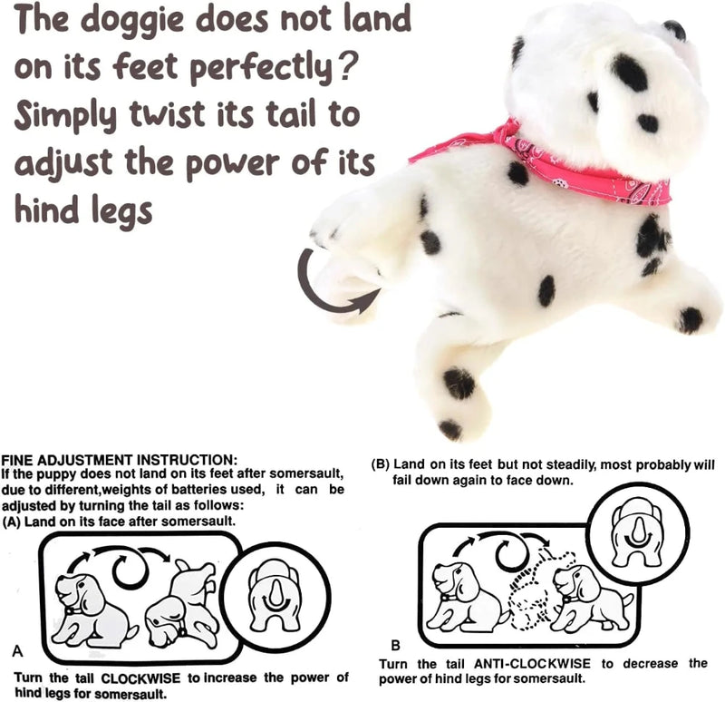 Dalmatian toy adjustment guide for somersault feature, showing tail twist instructions.