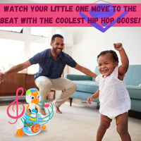  Baby and father enjoying playtime with the coolest Hip Hop Goose toy, encouraging dancing and family bonding.