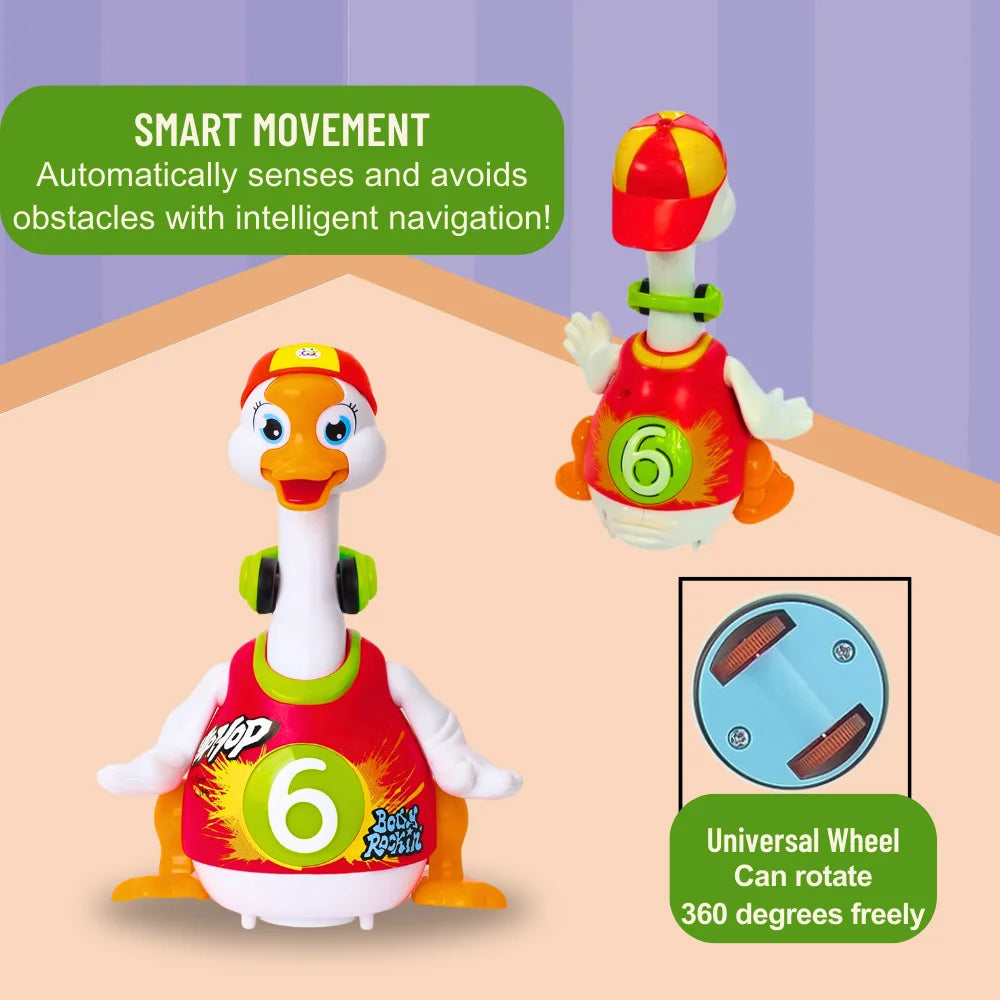 Dancing hip hop goose toy with smart movement technology avoiding obstacles.