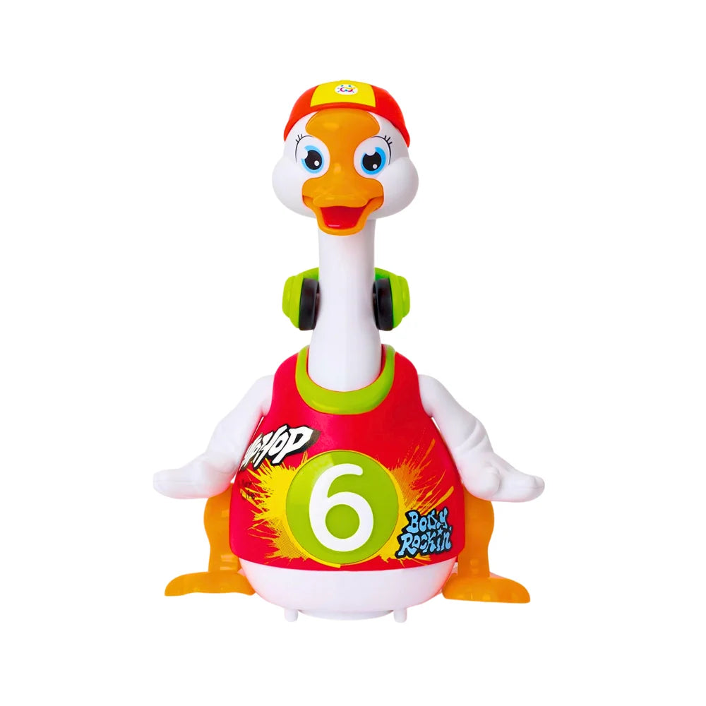 Colorful dancing hip hop goose toy with bright outfit and headphones.