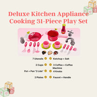 Deluxe 31-piece fast food play set with utensils, pots, pans, and kitchen accessories for kids.