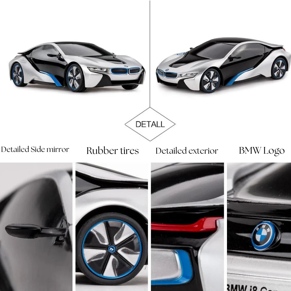 Close-up details of BMW i8 RC car including rubber tires, BMW logo, and exterior design.