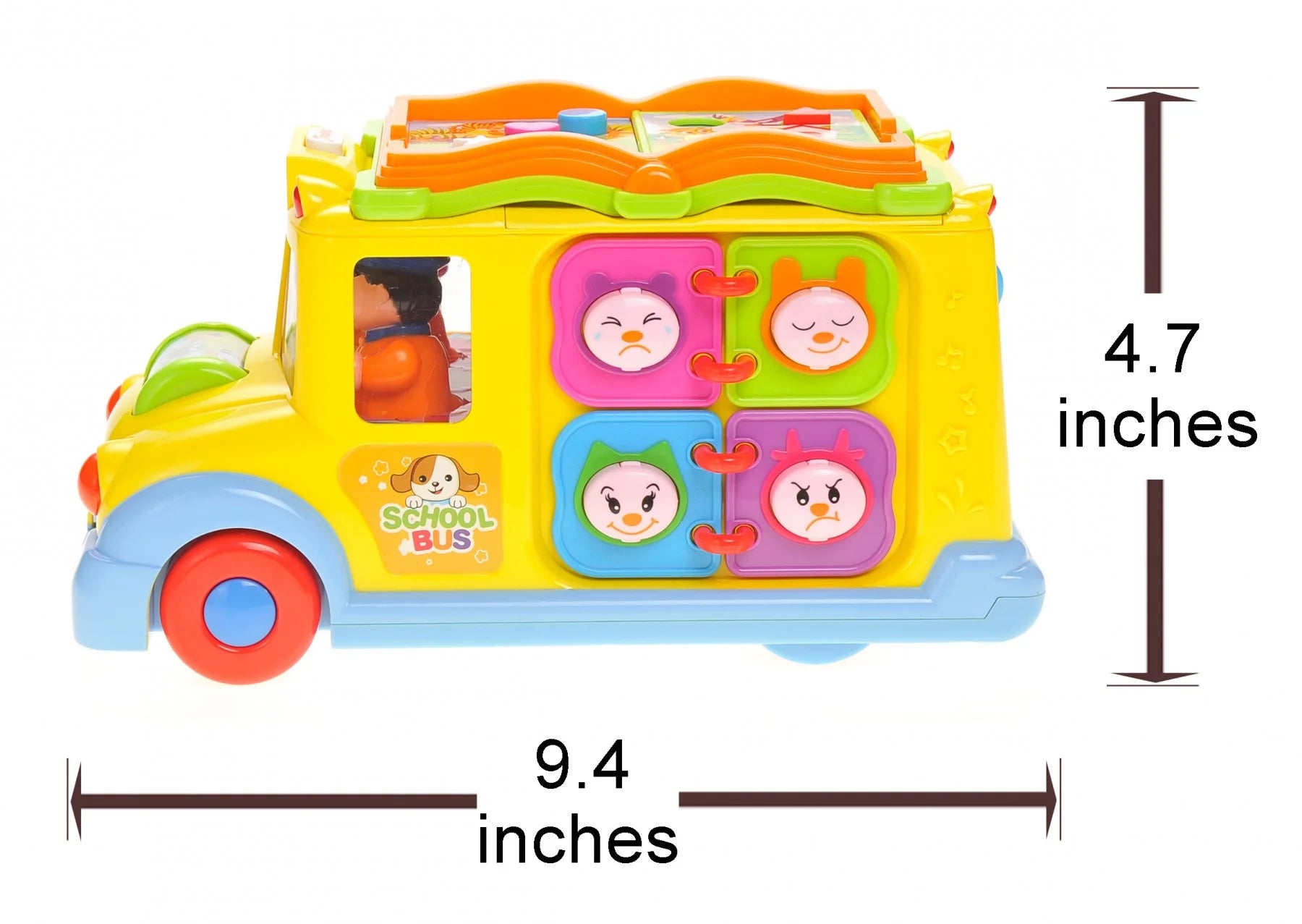 School bus toy with dimensions of 9.4 inches in length and 4.7 inches in height, suitable for toddlers.