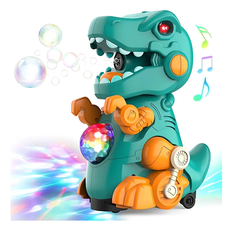  A vibrant dinosaur bubble machine emitting colorful bubbles and light, featuring music and interactive design for kids.