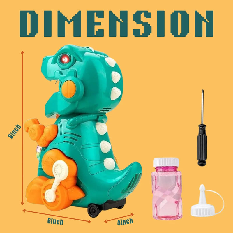 Dimensions and included accessories of the dinosaur bubble machine, perfect for kids' fun and easy operation