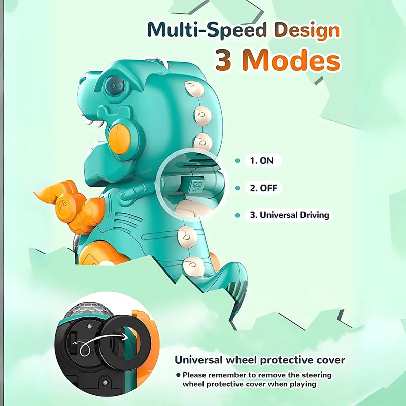 The multi-speed design of the dinosaur bubble machine, showcasing three modes: ON, OFF, and universal driving.