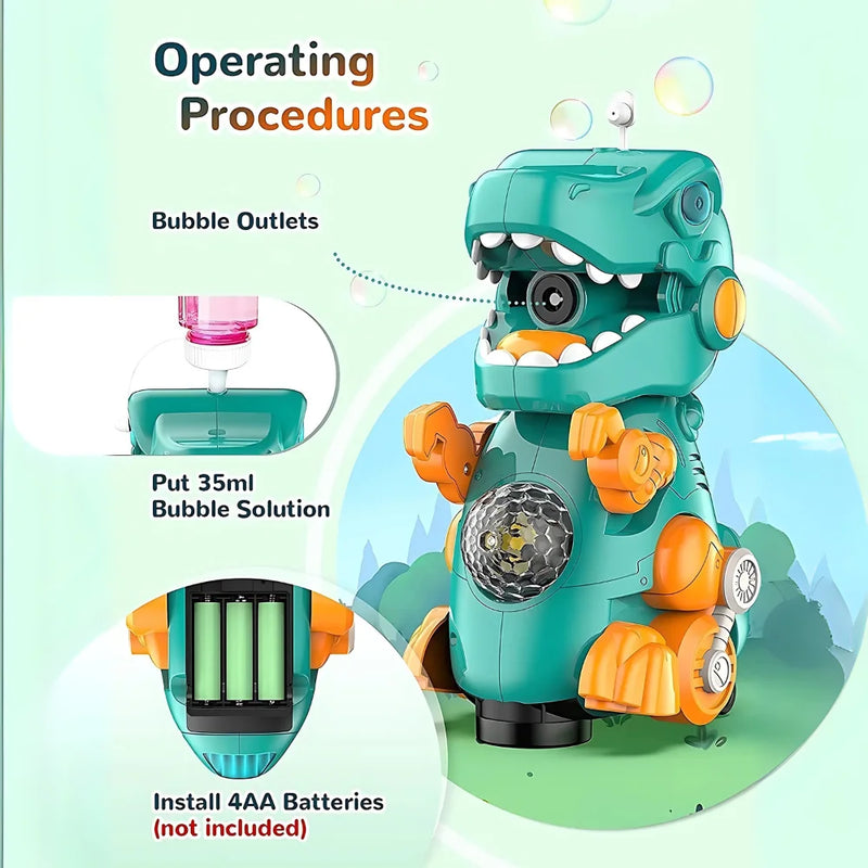 Instructions for operating the dinosaur bubble machine, including bubble solution and battery setup for easy use.