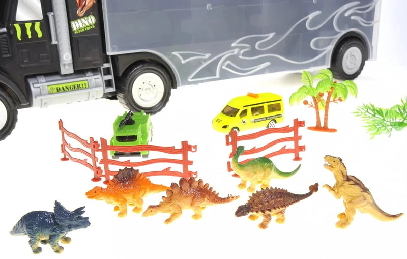 Dinosaur carrier truck playset showing dinosaurs, fences, toy vehicles, and detailed truck design